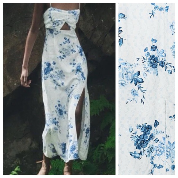 NWT. Zara White/Blue Floral Print Lingerie Style Midi Dress. Size L. - Picture 2 of 10